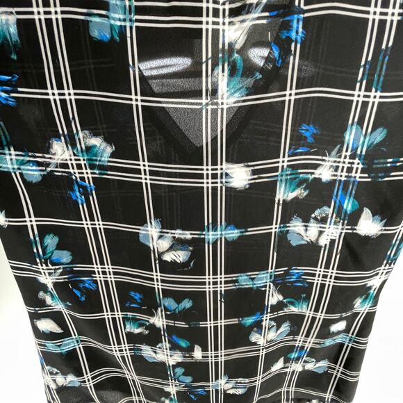 Worthington Top Blouse Women Medium M Black Blue Floral Print Semi Sheer V-Neck - Picture 5 of 7